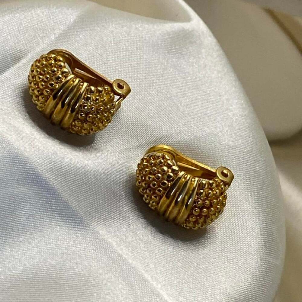 Vintage Gold Tone Textured Half Hoop Clip On Earrings 1980s Old Hollywood Glam